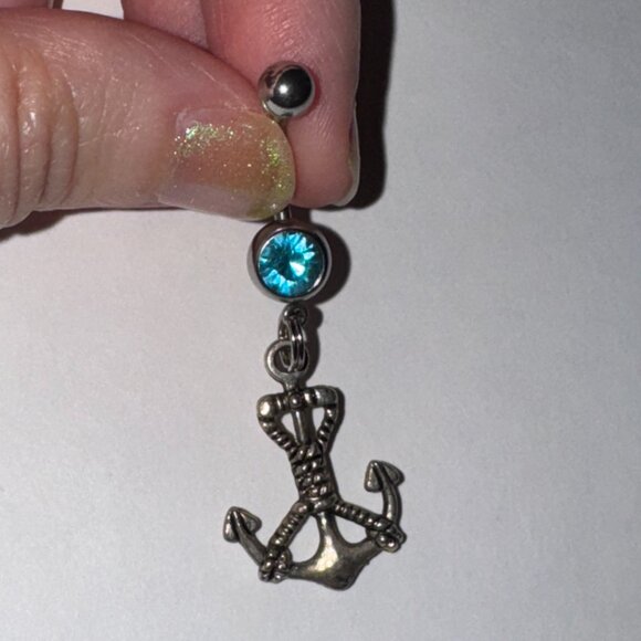 Large Anchor with Rope and Aqua Blue Gem Dangle Belly Ring - Picture 3 of 8